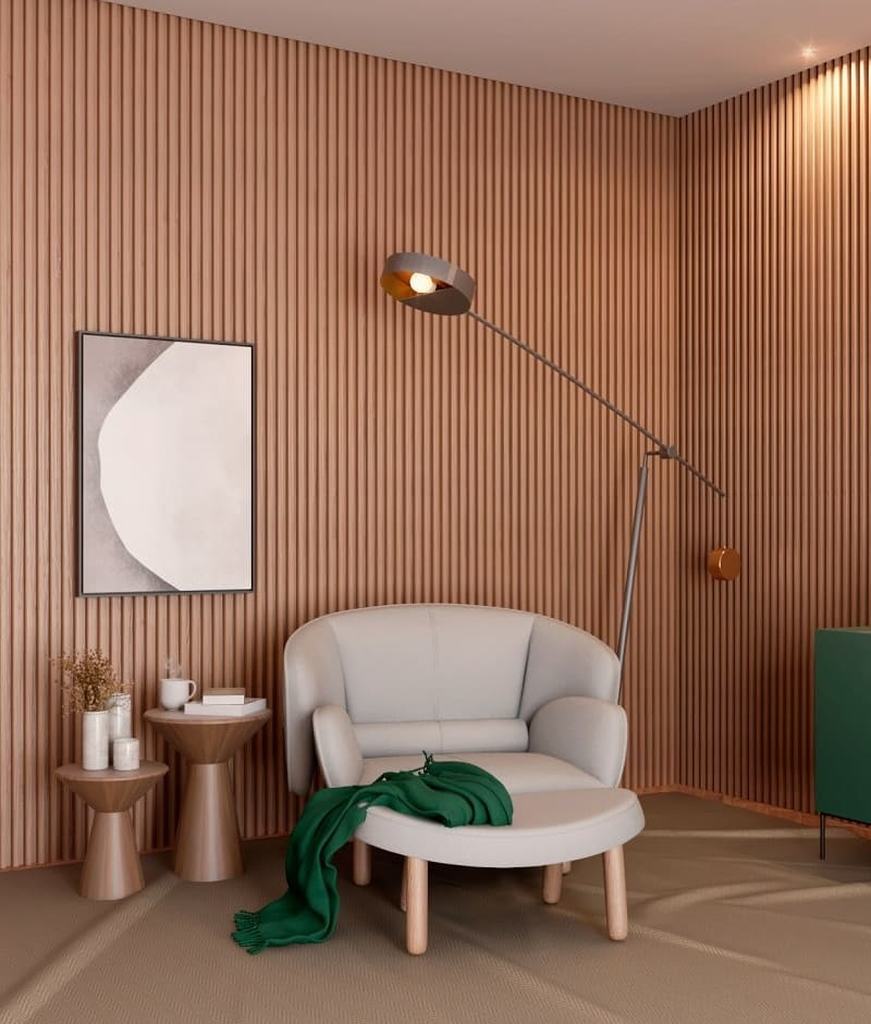 Sala de estar moderna, com uma luminária simbolizando iluminação na Arquitetura moderna